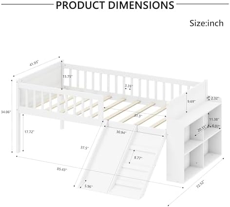 SOFTSEA Twin Size Low Loft Bed with Slide and Guardrails, Wood Loft Bed Frame with Storage Shelves for Kids, White