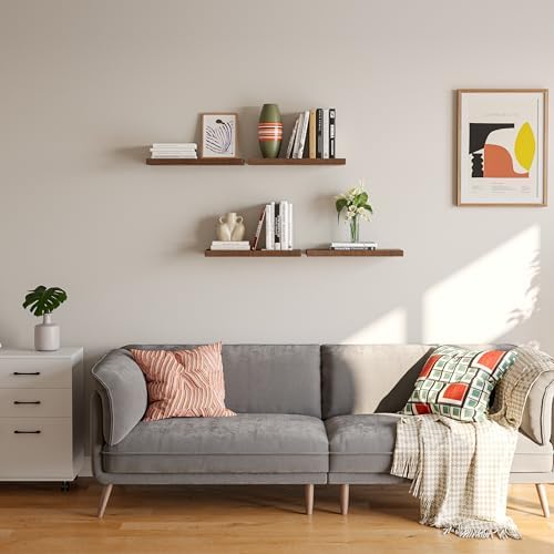 YUFLINX 16’’Rustic Brown Floating Shelves for Wall Set of 4,Rustic Wood Shelf for Room Decor/Storage/Display,Small Bookshelf,Wall Mounted Hanging Shelves for Bedroom, Bathroom, Living Room, Kitchen