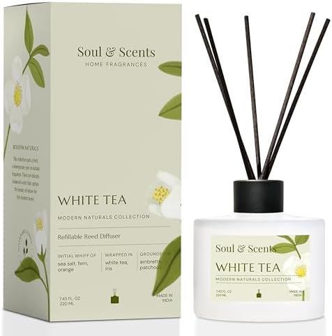 Soul & Scents Reed Diffuser Set – White Tea | 7.43 oz Refillable Scented Oil with 6 Fiber Sticks | Long-Lasting Home Fragrance & Air Freshener for Bedroom, Bathroom, Office | Gift & Décor Piece