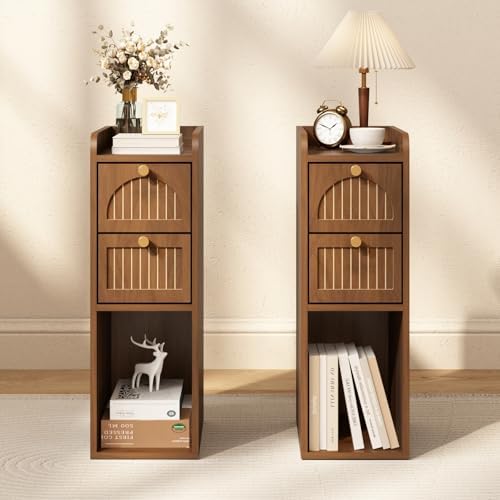 7.87" Narrow Nightstand Set of 2, Fluted Slim Bedside Table with 2 Drawers, Mid Century Modern Small End Table with Gold Metal Handles, for Bedroom, Living Room & Small Spaces - Walnut