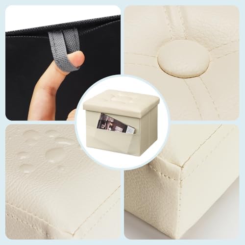 Bsketa Storage Ottoman Bench, 16" Folding Leather Foot Rest, Beige 2 Pack