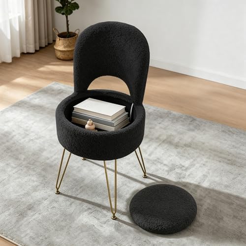 LITZFUR Round Vanity Stool with Storage & Folding Back, Black Makeup Chair