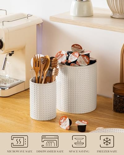 MALACASA LYDIA Ceramic Utensil Holder, 7.3"+5.5" Kitchen Utensil Crock Set for Countertop, Large & Small Utensil Organizers for Cooking Tools, Rhombus Pattern