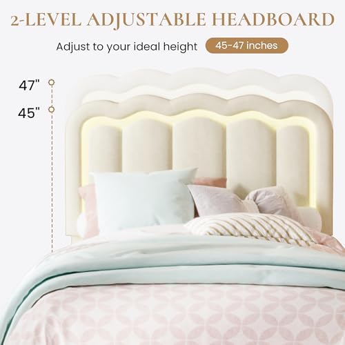 SHA CERLIN Twin Size Bed Frame with LED Lights and Storage Drawer, Cream