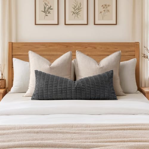 MIULEE Lumbar Corduroy Throw Pillow Cover for Bed 14x36 Dark Grey