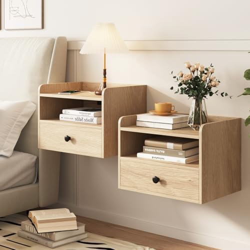 Floating Nightstand Set of 2 Modern Night Stands with Drawer and Open Shelf