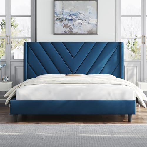 Yaheetech Queen Bed Frame with Chevron Channel-Tufted Headboard, Blue
