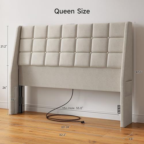 ONBRILL Ergonomic Headboard Queen Size with Charging Station, Off White