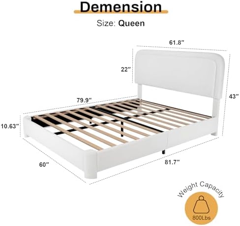 WEUP Queen Size Boucle Bed Frame, Upholstered Teddy Fabric Bed Frame with Headboard, Soft Rounded Corners, No Box Spring Required, Adjustable Headboard, Easy Assembly