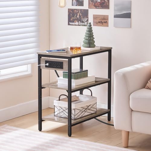 HOOBRO End Table with Charging Station, Side Table with 3 Tier Storage Shelf, Narrow Nightstand for Small Spaces, for Living Room, Bedroom, Easy Assembly, Greige and Black BG149UBZ01
