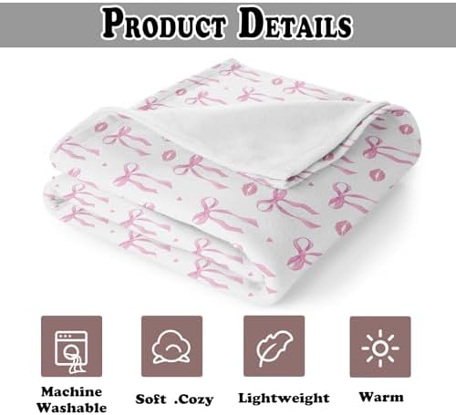 Coquette Pink Bow Throw Blanket for Couch, Preppy Room Dorm Decor, Aesthetic Pink Ribbon Bow Lips Throw Blanket for Girls Bedroom Living Room Home Decoration, 50x60 Inches