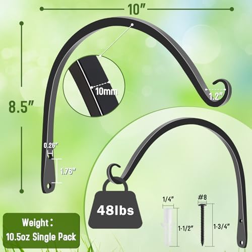 FEED GARDEN Plant Hooks 2 Pack 10 Inch, Solid 8mm Steel Wall Mounted Hanging Brackets, 48lb Rated, 1.2" Hook Opening, for Bird Feeders Baskets Wind Chimes, Indoor Outdoor Black