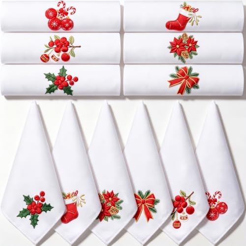 HunnmingRe 12 Pcs Classic Christmas Embroidered Cloth Napkins, 17x17 Inch