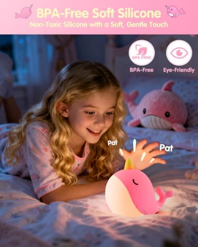 Fuloon Narwhal Night Light, 3-Level Dimming Silicone Touch Lamp with Rechargeable Battery & Timer, Cute Squishy Unicorn Whale Desk Decor, Funny White Elephant Gift for Adults Teens Kids (Pink)