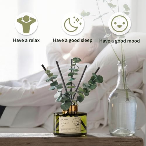 Airkeep Reed Diffuser Set with 6.76 fl oz Jasmine Lily Scent Essential Oils and 3 Leaves & 8 Diffuser Sticks,Bathroom Shelf Decor & Air Freshener, House Bedroom Office Decor & Gifts