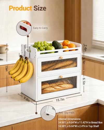 Bread Box for Kitchen Countertop, 2-Tier Bamboo Storage with Raised Shelf