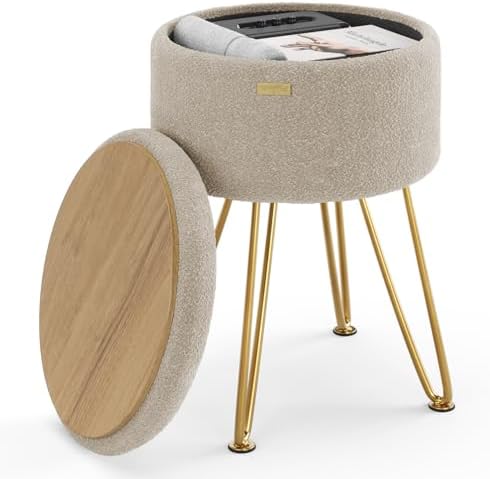 Round Ottoman with Storage, Boucle Storage Ottoman, Foot Stool Ottomans, Makeup Vanity Stool, Small Ottomans Foot Rest, Modern Vanity Stools for Living Room and Bedroom, Beige