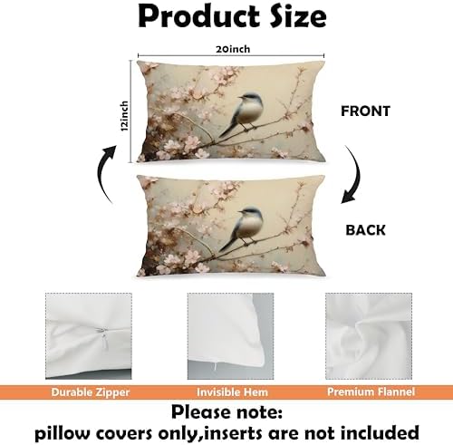 Vintage Spring Bird Lumbar Pillow Cover 12x20 Double-Sided, Nature Room Decor, Farmhouse Spring Pink Floral Bird Decorative Throw Pillow Cover for Living Room Home Bedroom