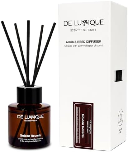 Golden Reverie Scent Aroma Diffuser – Room Scent Diffuser with Essential Oils – Long Lasting Reed Diffuser for Home, Bedroom, or Bathroom – Vanilla & Pear 50ml