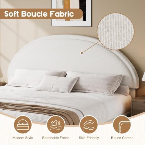 REVOMINCA King Size Bed Frame with Round Headboard, Boucle Upholstered Bed with Round Headboard, Soft Arch Shaped Modern Style, No Box Spring Required, Easy Assembly, White