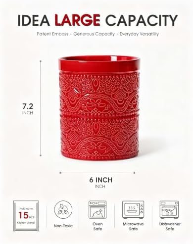 FUN ELEMENTS Kitchen Utensil Holder, 7.2" Super Large Utensil Crock Heavy and Stable Lace Emboss Ceramic Utensil Holder for Kitchen Counter (Christmas Red)