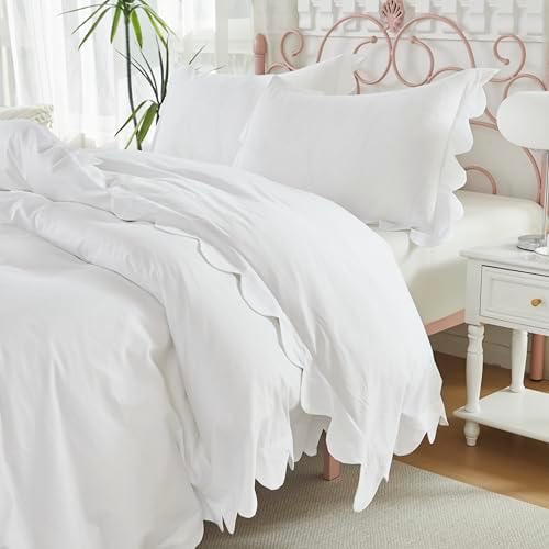Brandream Scalloped Edge Duvet Cover Full/Queen Size 100% Organic Cotton Kid's 3 Pieces Boys Girl Bedding Duvet Cover Shams Set, Delicate Scallop Fringe Solid Color Soft and Breathable (White)