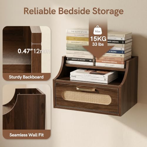 Afuly Floating Nightstand with Drawer, Walnut Bedside Table Wall Mounted