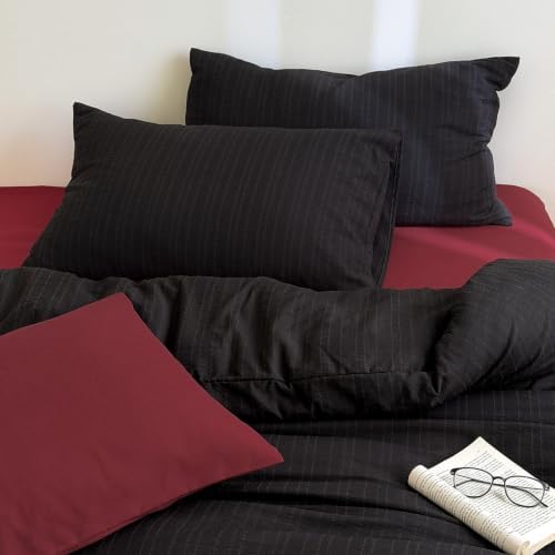 3Pcs Retro Black Stripes Textured Duvet Cover Set King Size, Zipper & Ties