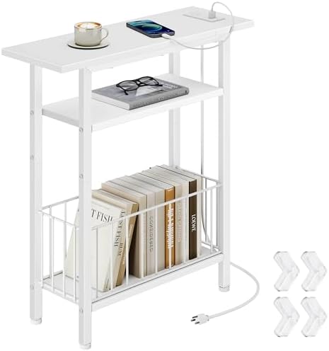 Vagusicc Narrow Side Table with Charging Station, Skinny Side End Table for Couch, 3-Tier Small End Tables for Small Spaces, 25.2" Tall Slim Nightstand Bedside Table for Living Room, Bedroom, White