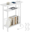 Vagusicc Narrow Side Table with Charging Station, Skinny Side End Table for Couch, 3-Tier Small End Tables for Small Spaces, 25.2" Tall Slim Nightstand Bedside Table for Living Room, Bedroom, White