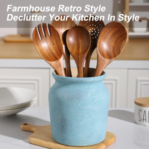 Ceramic Farmhouse Kitchen Utensil Holder for Countertop, Rustic Cooking Utensil Holder Crock Fit for Kitchen Counter. Blue Series.