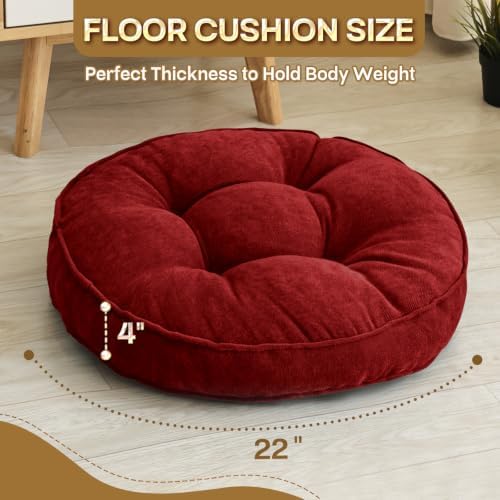 MIDDLE ONE Floor Pillow Set of 2, Memory Foam Cushion 22x22 – Round, Red