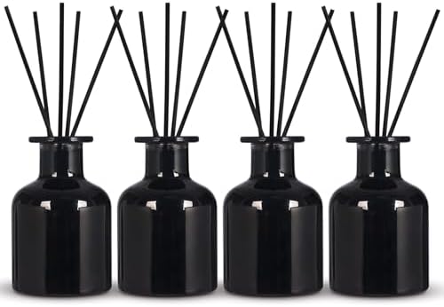 4 Pack Perfume Reed Diffuser Bottle,Empty Big Belly Aromatherapy Essential Oil Bottles Glass Jar with Black Sticks for DIY Fragrance Replacement Diffuser Sets (150ml/ 5 oz, Black Color)
