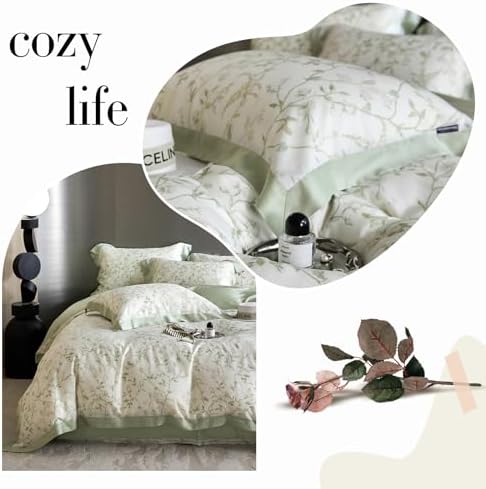 Green Flower Duvet Cover Twin Cooling Lyocell Comfoter Cover Set for Hot Sleeper,Moisture Wicking Silky Bedding Set-Mint Green
