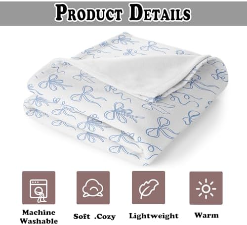 Blue Bow Throw Blanket for Couch, Girly Room Decor Aesthetic, Coquette Blue Ribbon Bow Throw Blanket for Girls Bedroom Dorm Living Room Home Decoration, 50x60 Inches