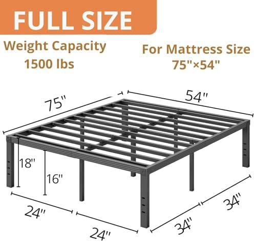 Full Size Bed Frame, 18 Inches Platform Bed Frame, 1500lbs Heavy Duty Steel Slat, Non-Slip Design, No Box Spring Needed, Easy Assembly, Quiet Noise Free, Under Bed Storage Space, Black