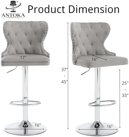 Set of 2 Adjustable Swivel Bar Stools, Velvet Upholstered Counter Height Chairs with Nailhead Trim, Silver Footrest, and High Back for Kitchen Island, Home Bar, Dining Room, Cafe,Gray