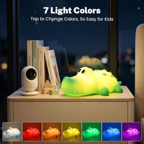 AVEKI Crocodile Night Light for Kids, Silicone Touch Bedside Lamp (Green)