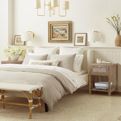VOWNER Rattan Nightstands Set of 2 - Farmhouse Bedside Table Night Stand with Drawer and Storage Shelf, Boho End Side Table for Bedroom, Mesitas De Noche para Dormitorio, Dark Oak
