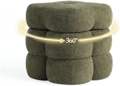 Get Set Style 360° Swivel Flower Ottoman, Linen Vanity Stool Footrest with 300LBS Capacity, No Assembly Small Space Accent Chair for Living Room Bedroom Entryway (Olive Green)