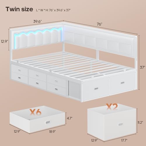 ADORNEVE Twin Corner Bed Frame with 8 Storage Drawers and LED Lights,White