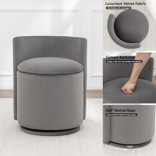 MINCETA Vanity Chair with Storage, 360° Swivel Accent Chair, Gray