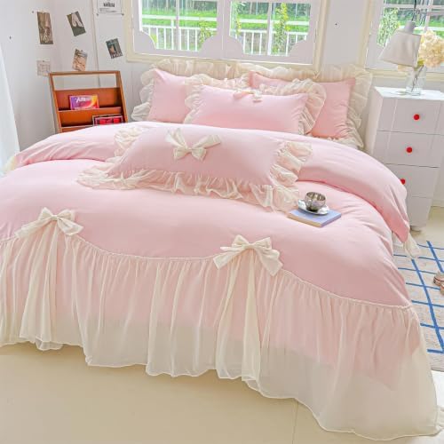 SOUKECHY Girls Lace Bedding,Pink King Comforter Cover Set, Chic Ruffled Duvet Cover with Lovely Bow,Princess Style 1 Duvet Cover with 2 Pillowcases, No Comforter-Pink,King Size