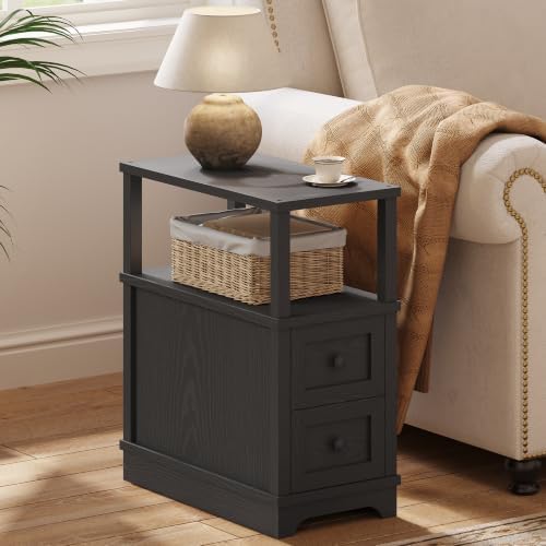 Farmhouse Slim Side Table with 2 Drawers, Wood Black End Table,