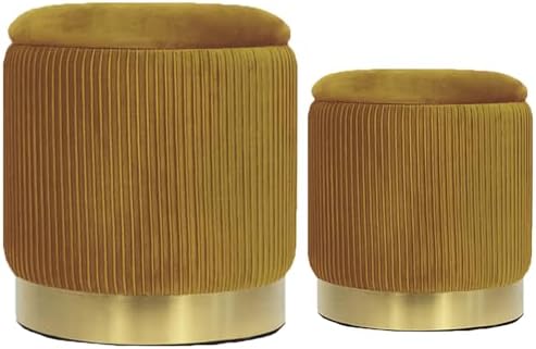 Round Ottoman with Storage, Yellow Velvet, Set of 2