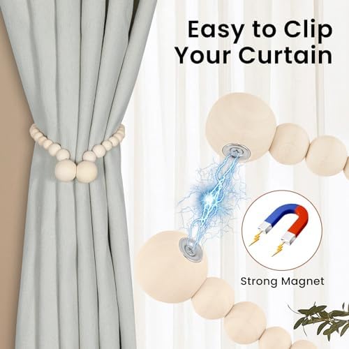 KLOGTSIND Magnetic Curtain Tiebacks, 2 Pack Wood Bead Curtain Holdbacks