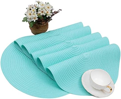SHACOS Round Placemats Set of 6 Washable 15 inch Round Table Mats Cotton Polyester Woven Braided Place Mats for Dining Table (Aqua, 6)