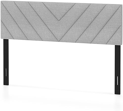 GIANTEX Linen Upholstered Headboard for Full & Queen Size Bed Frame, Adjustable Width Button Tufted Headboard Only with Solid Rubber Wood Legs, Modern Headboard,Grey