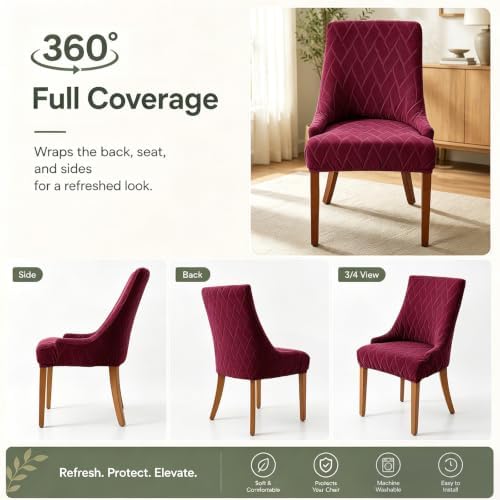 MIFXIN Wingback Side Chair Covers Dining Chair Slipcover Jacquard Stretch Sloping Armchair Protector Arm Chair Seat Cover for Dining Room Living Room Banquet Home Decor (Red, 2 Pcs)