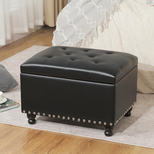 Adeco Storage Ottoman Bench, 23-Inch Upholstered Faux Leather Footrest Stool with Safety Hinge for Entryway & Bedroom, Rectangular Accent Furniture, Holds 350 lbs, Black